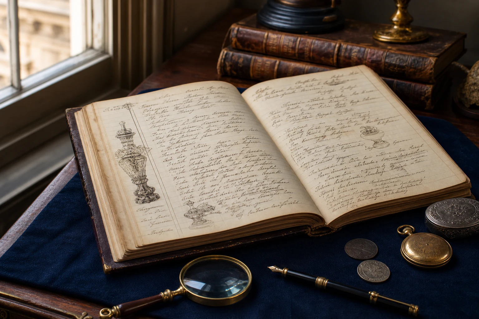 Старинная книга с рукописными записями, лупой и антикварными предметами